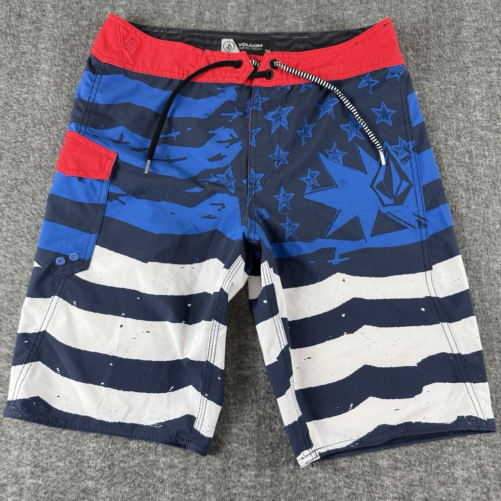 Volcom Mod Tech Board Shorts Mens 30 USA Flag Red White Blue Surf Swim Trunks